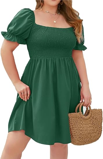 Plus Size Puff Sleeve Square Neck Tiered Dresses