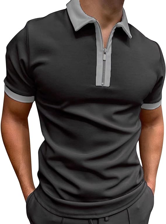 Mens Patchwork Zipper Short Sleeve Polo Shirts