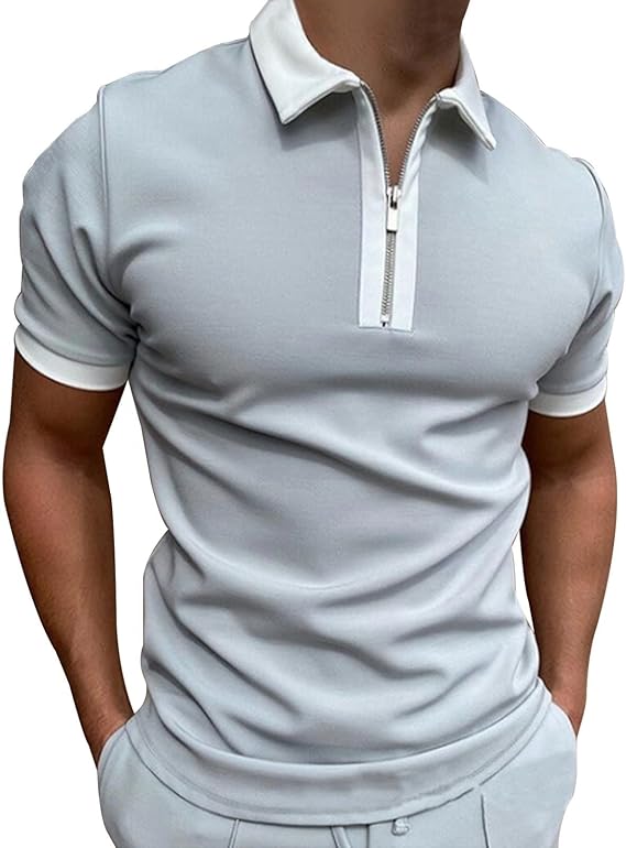 Mens Patchwork Zipper Short Sleeve Polo Shirts