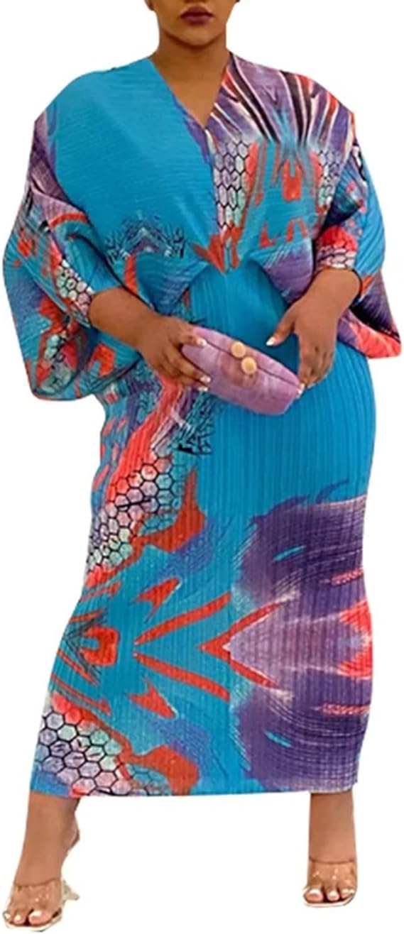 V Neck Bat Sleeve Floral Printed Dress