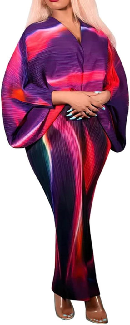 V Neck Bat Sleeve Floral Printed Dress