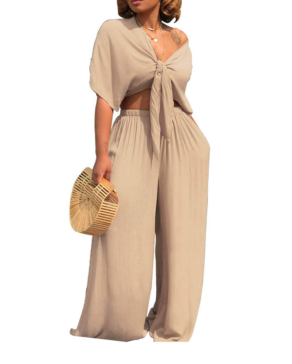 Two Piece Tie Front Top+Wide Leg Pant