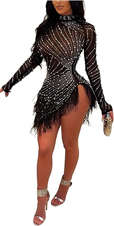 Rhinestone Feather Mesh Bodycon Mini Dress