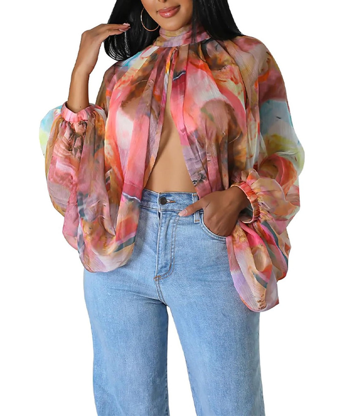 Blusa de gasa de manga larga con murciélago