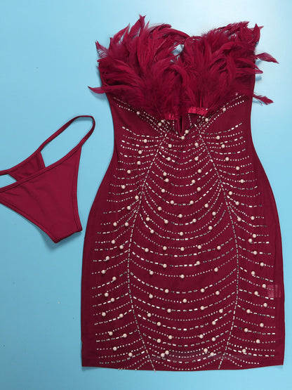 Feather Rhinestone Strapless Mini Dress