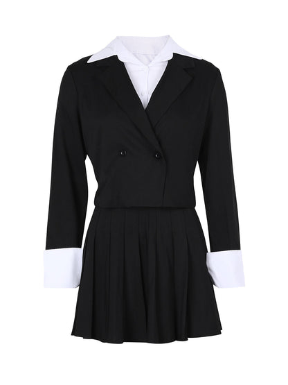 Two-Piece Blazer Shirt Collar Pleated Skirt Set