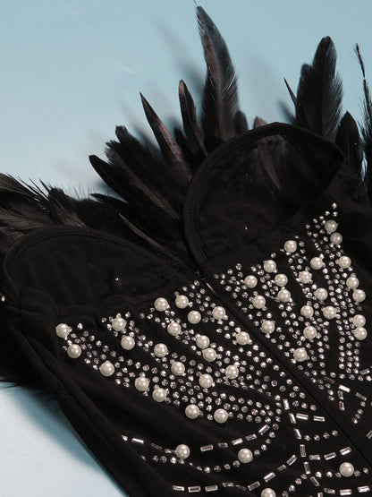 Feather Rhinestone Strapless Mini Dress