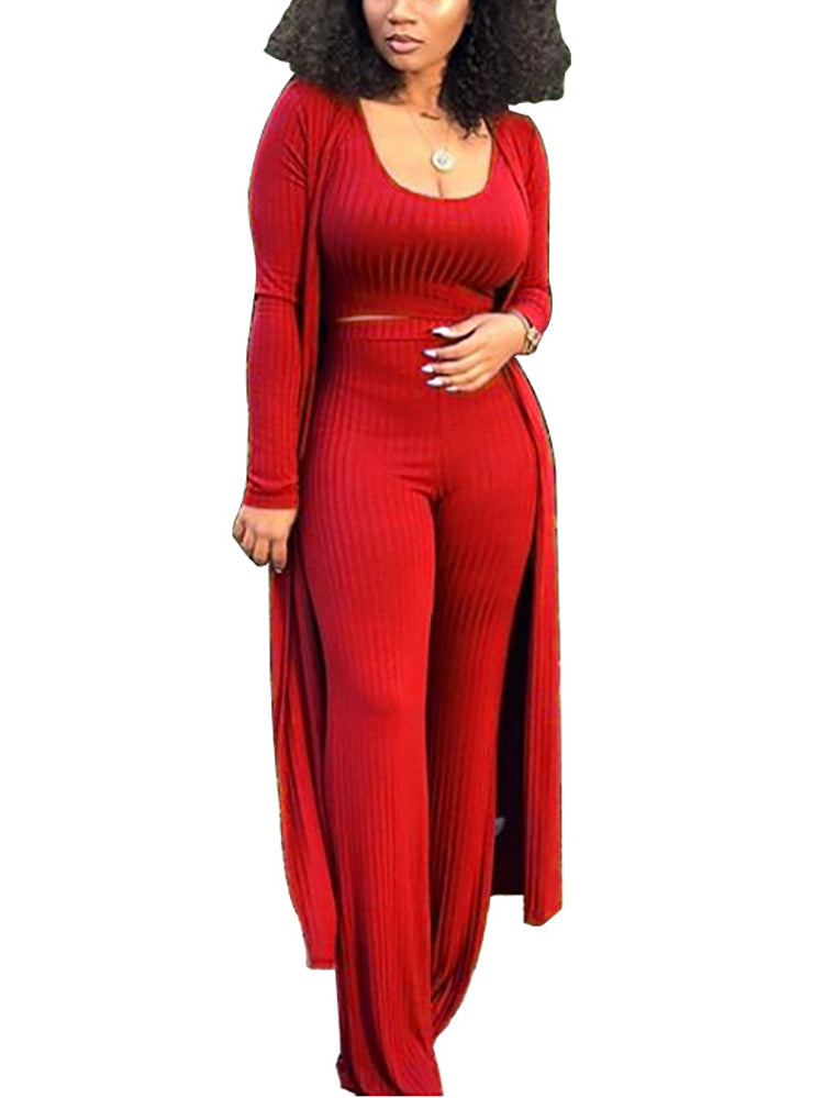 Conjunto de tres piezas Crop Top+Cárdigan largo tipo kimono+Pantalones