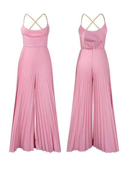 Chain Halter Backless Pleated Jumpsuit