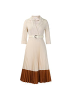 Belted Color-Block Pleated Blazer Midi Dress