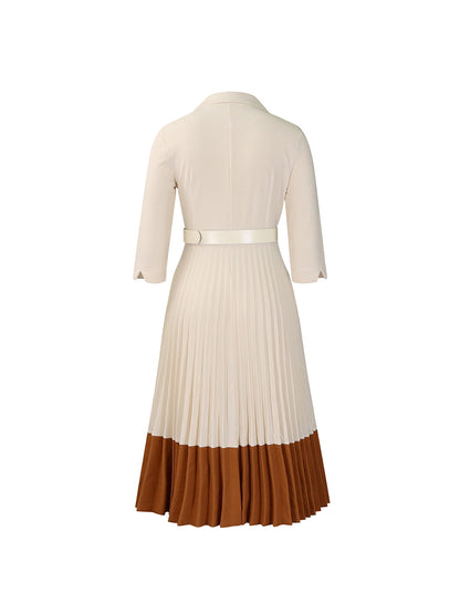 Belted Color-Block Pleated Blazer Midi Dress