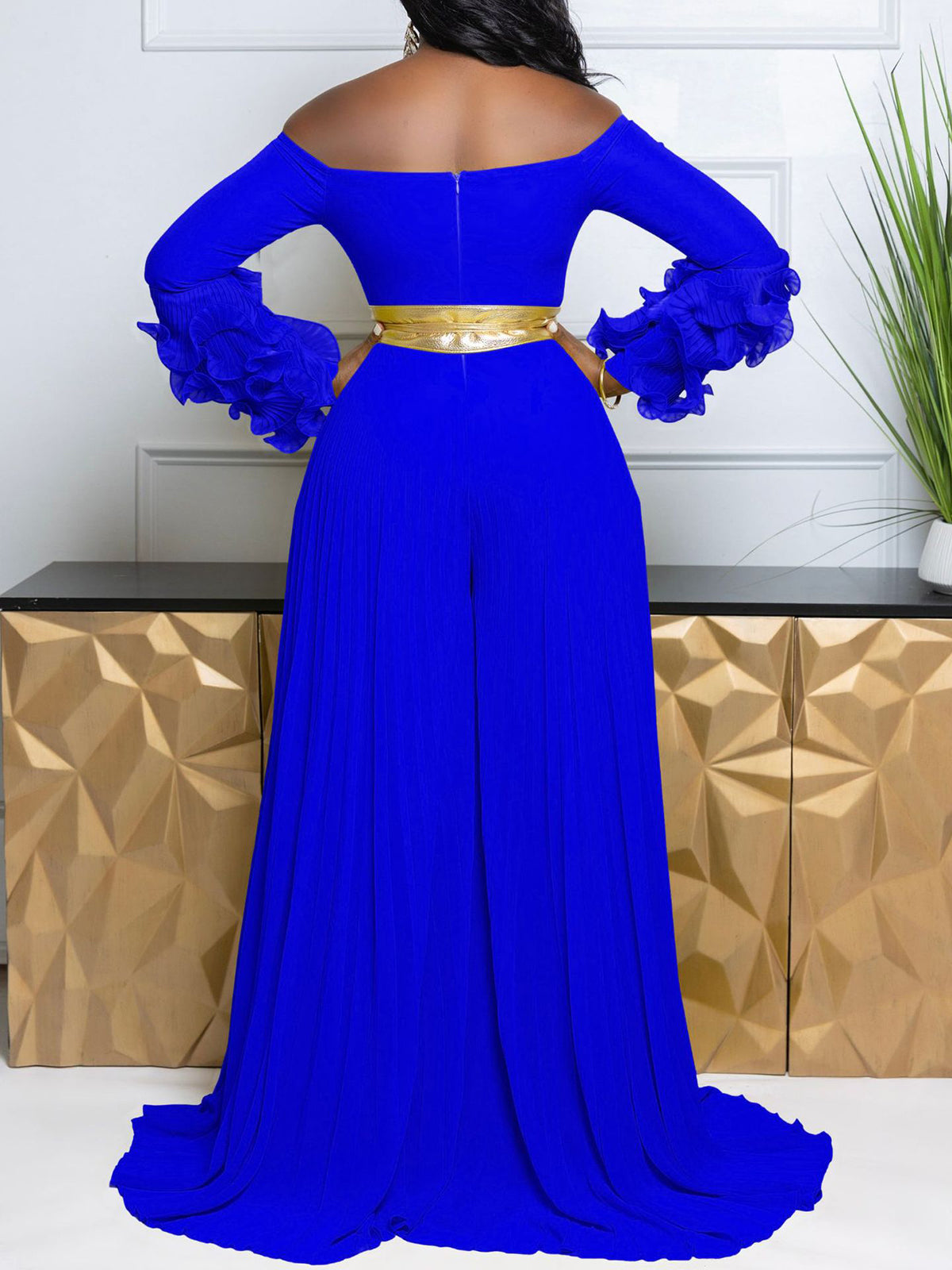 Off-Shoulder Ruffle Pleated Wide Leg Jumpsuit