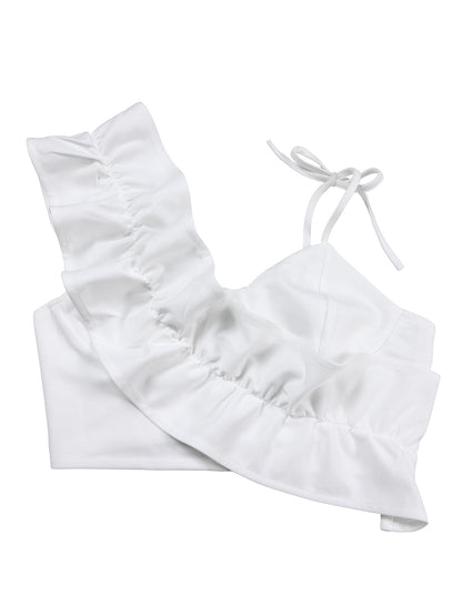 One-Shoulder Ruffle Pleated Pants Set