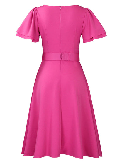 Flared Sleeve Square Neck Midi Dress with Belt