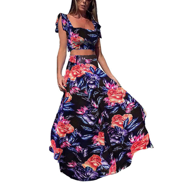 Two Pieces Floral Printed Crop Top Maxi Skirt Set