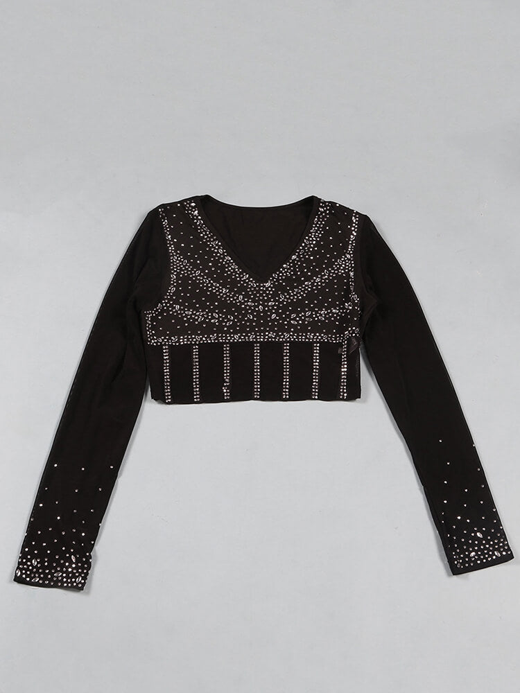 Mesh Long Sleeve Rhinestone Top Tassel Shorts