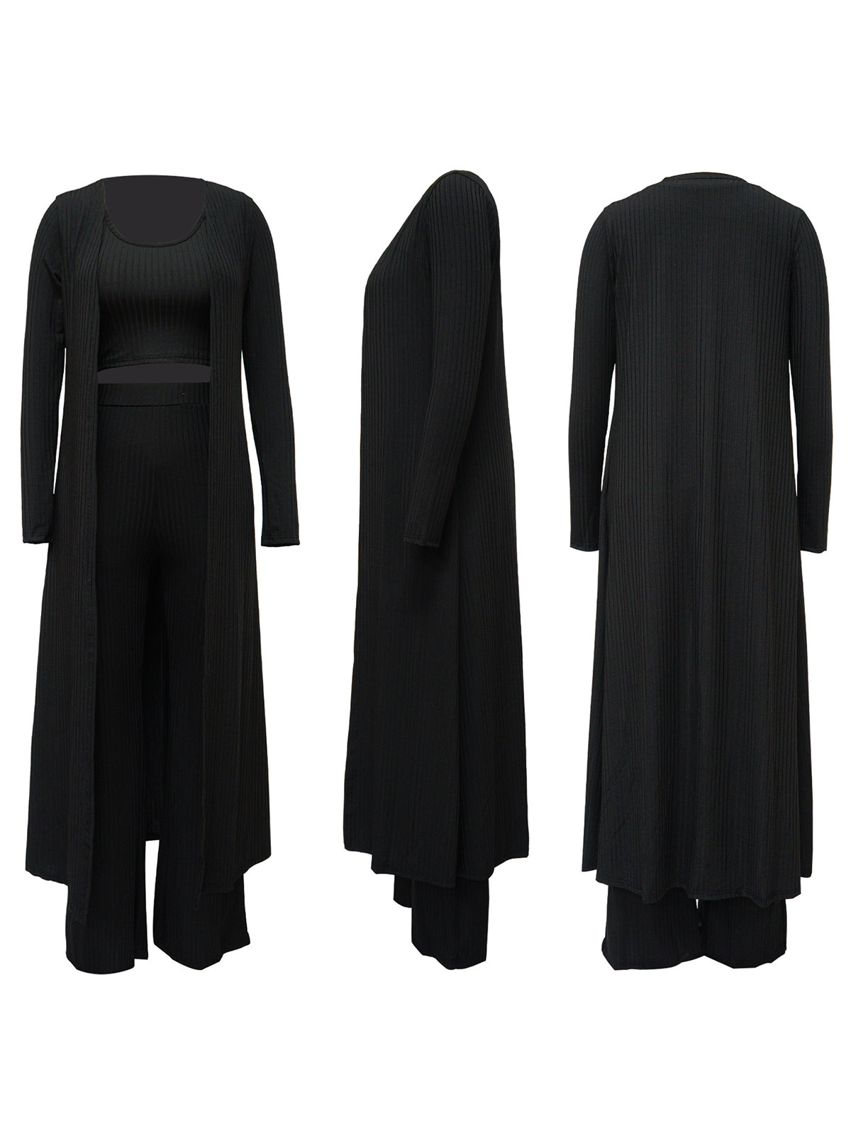 Conjunto de tres piezas Crop Top+Cárdigan largo tipo kimono+Pantalones