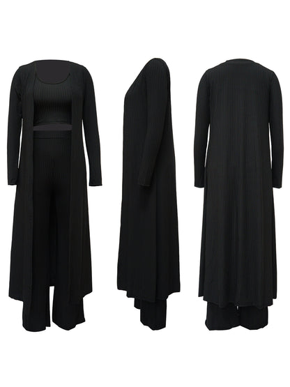 Conjunto de tres piezas Crop Top+Cárdigan largo tipo kimono+Pantalones