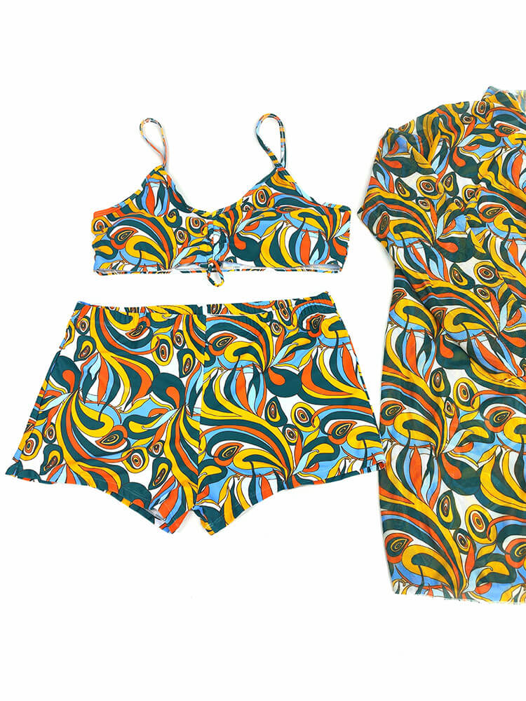 Conjuntos cortos con estampado floral de tres piezas de talla grande