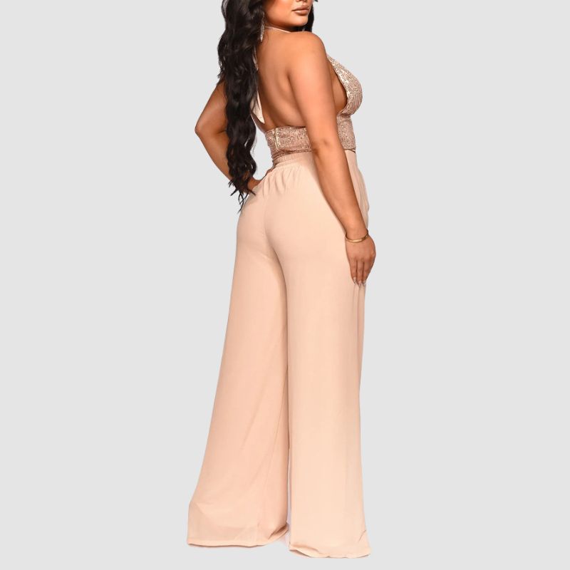 Conjunto de chaleco halter con lentejuelas y pantalones rectos de cintura alta