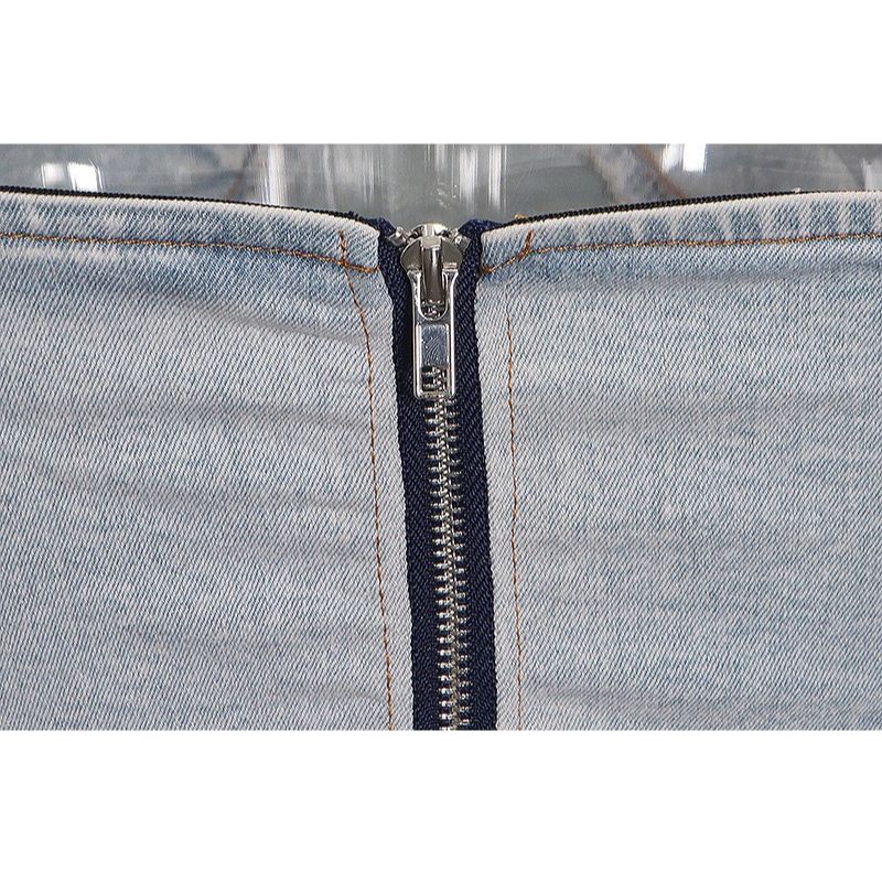 Conjunto de pantalón largo y top corto sin tirantes de mezclilla
