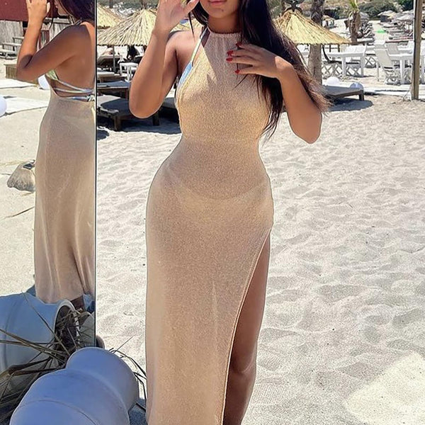 Halter Wrap Sleeveless Slit Maxi Dresses