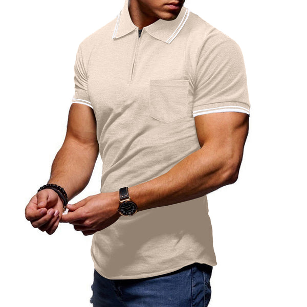 Mens Zipper Pocket Solid Color Polo Shirts