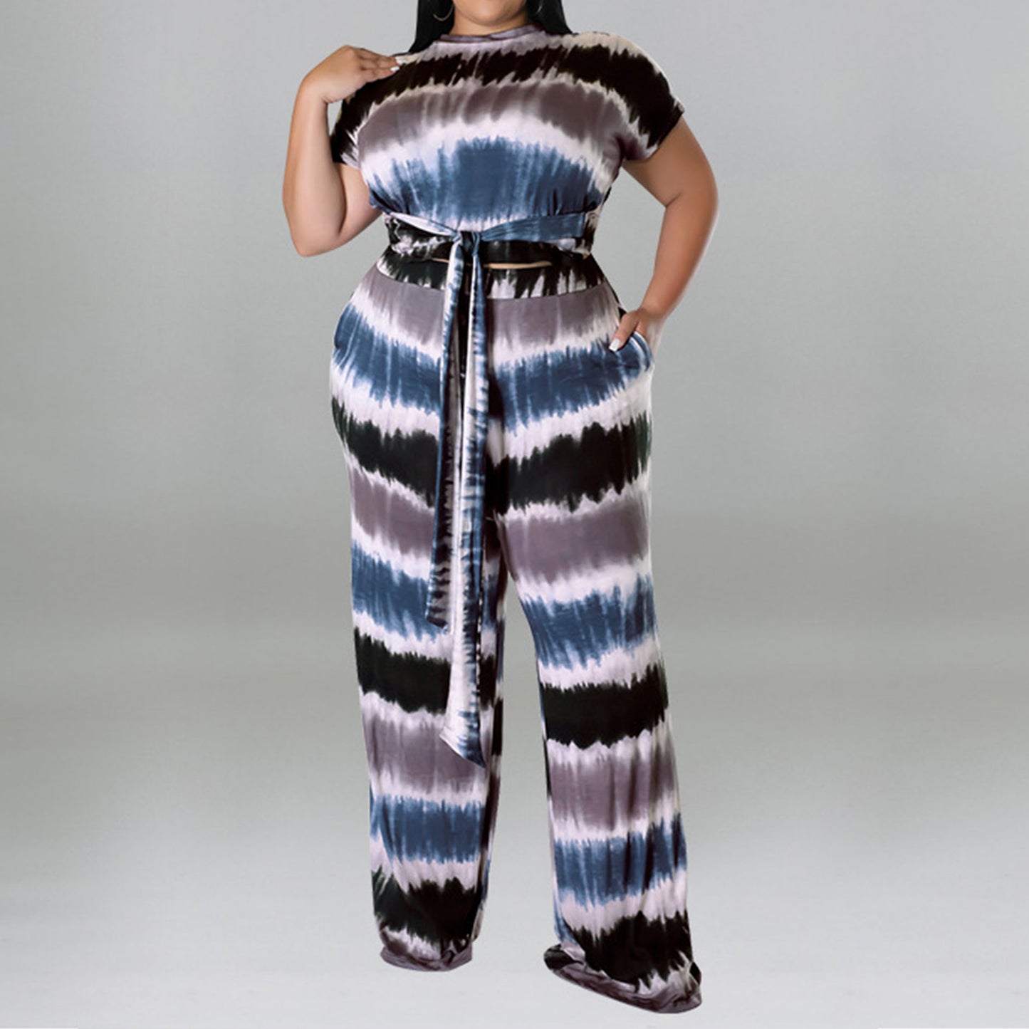 Plus Size Printed Belted Top Wide Leg Pants
