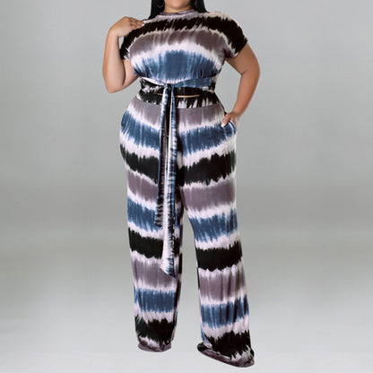 Plus Size Printed Belted Top Wide Leg Pants