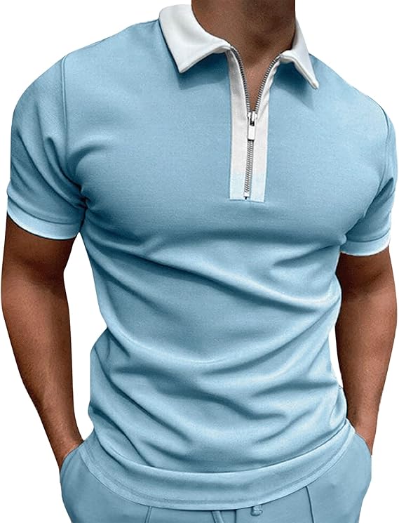 Mens Patchwork Zipper Short Sleeve Polo Shirts