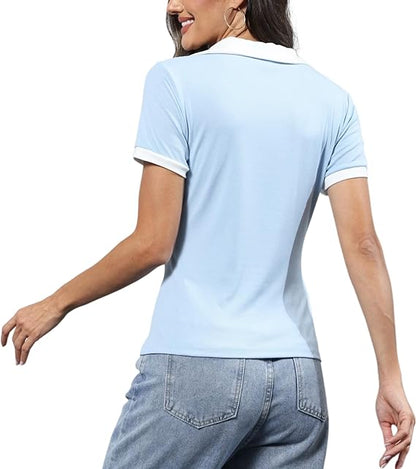 Tops color block con cuello en V y manga corta