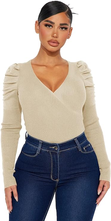 Long Puff Sleeve Knit Ribbed Solid Sweater