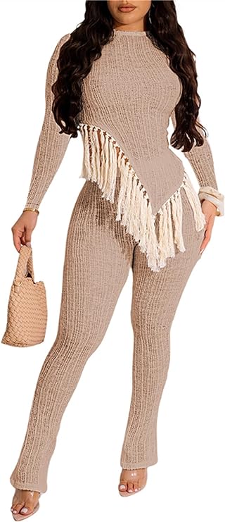Two Piece Knit Long Sleeve Fringe Top & Pants
