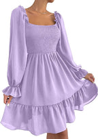 Square Neck Puff Sleeve Ruffle Hem Dress