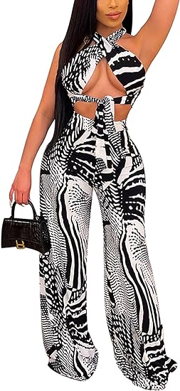 Two Piece Halter Cross Tops & Wide Leg Pants