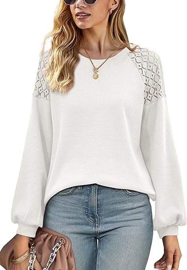 Lace Patchwork Long Sleeve Crewneck Waffle Knit Sweaters