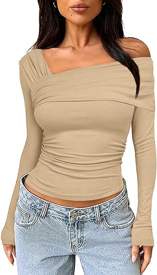 Asymmetrical Off Shoulder Ruched Long Sleeve Tops