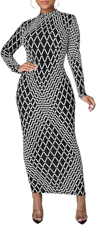 Long Sleeve Turtleneck Stripe Print Bodycon Dress
