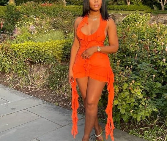 Sleeveless Backless Tassel Ruched Ruffle Mini Dress