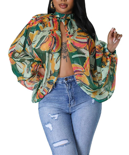 Blusa de gasa de manga larga con murciélago