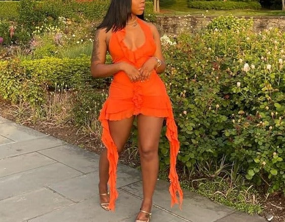 Sleeveless Backless Tassel Ruched Ruffle Mini Dress