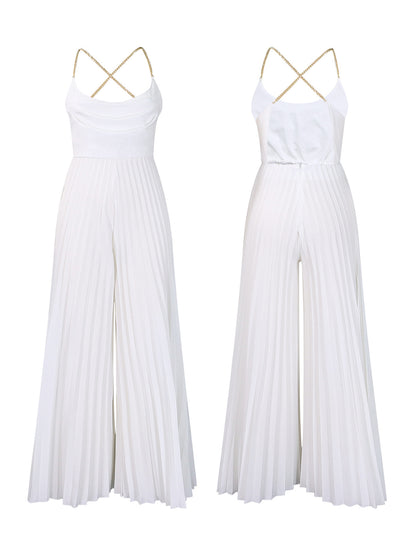 Chain Halter Backless Pleated Jumpsuit