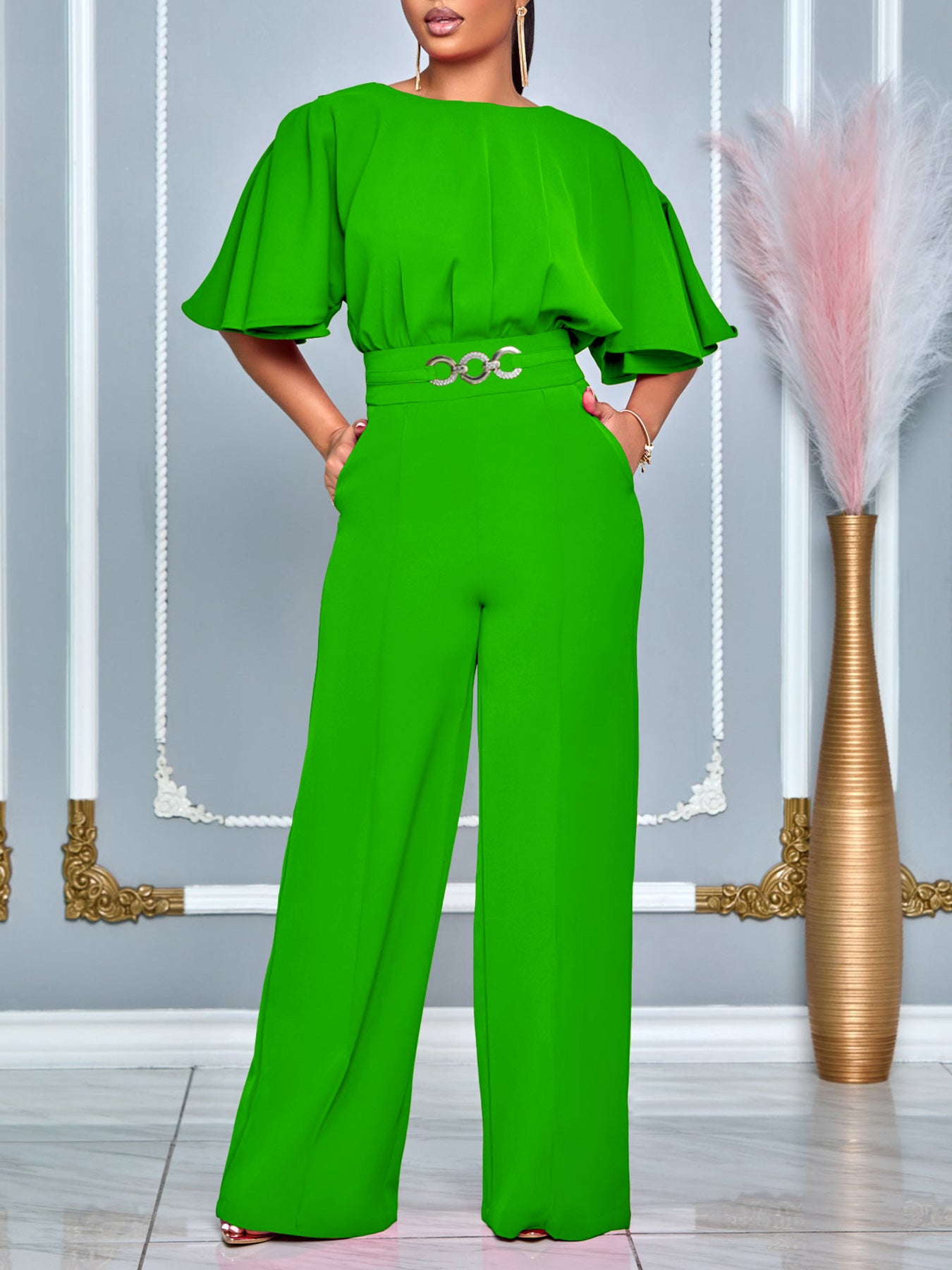 Round Neck Solid Color Wide-Leg Jumpsuit