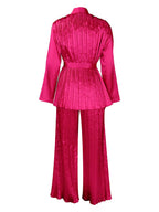 Pleated Long Sleeve Shirt and Pants Set with Belt