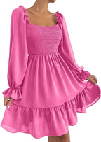 Square Neck Puff Sleeve Ruffle Hem Dress
