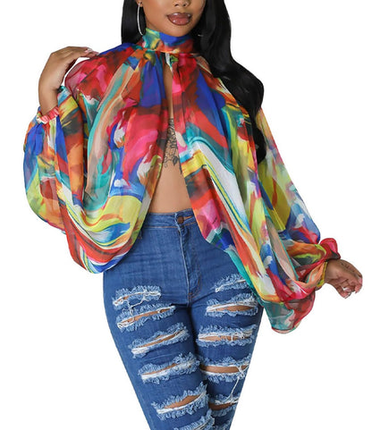 Blusa de gasa de manga larga con murciélago