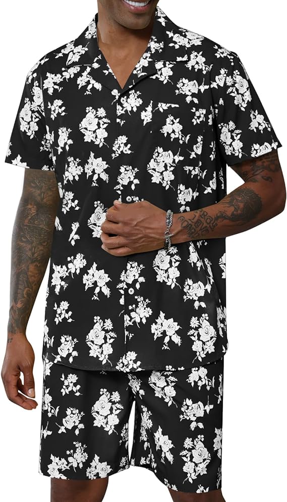 Mens Two Piece Printed Beach Tops Shorts Sets