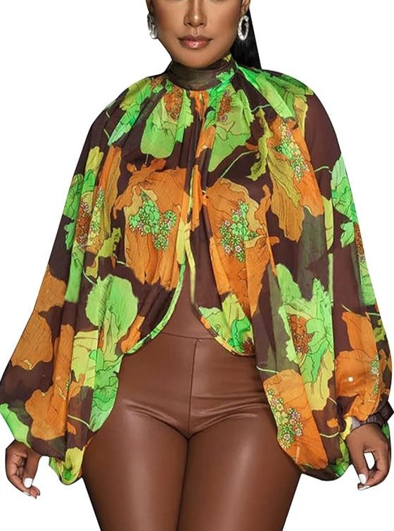 Blusa de gasa de manga larga con murciélago