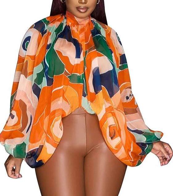 Blusa de gasa de manga larga con murciélago