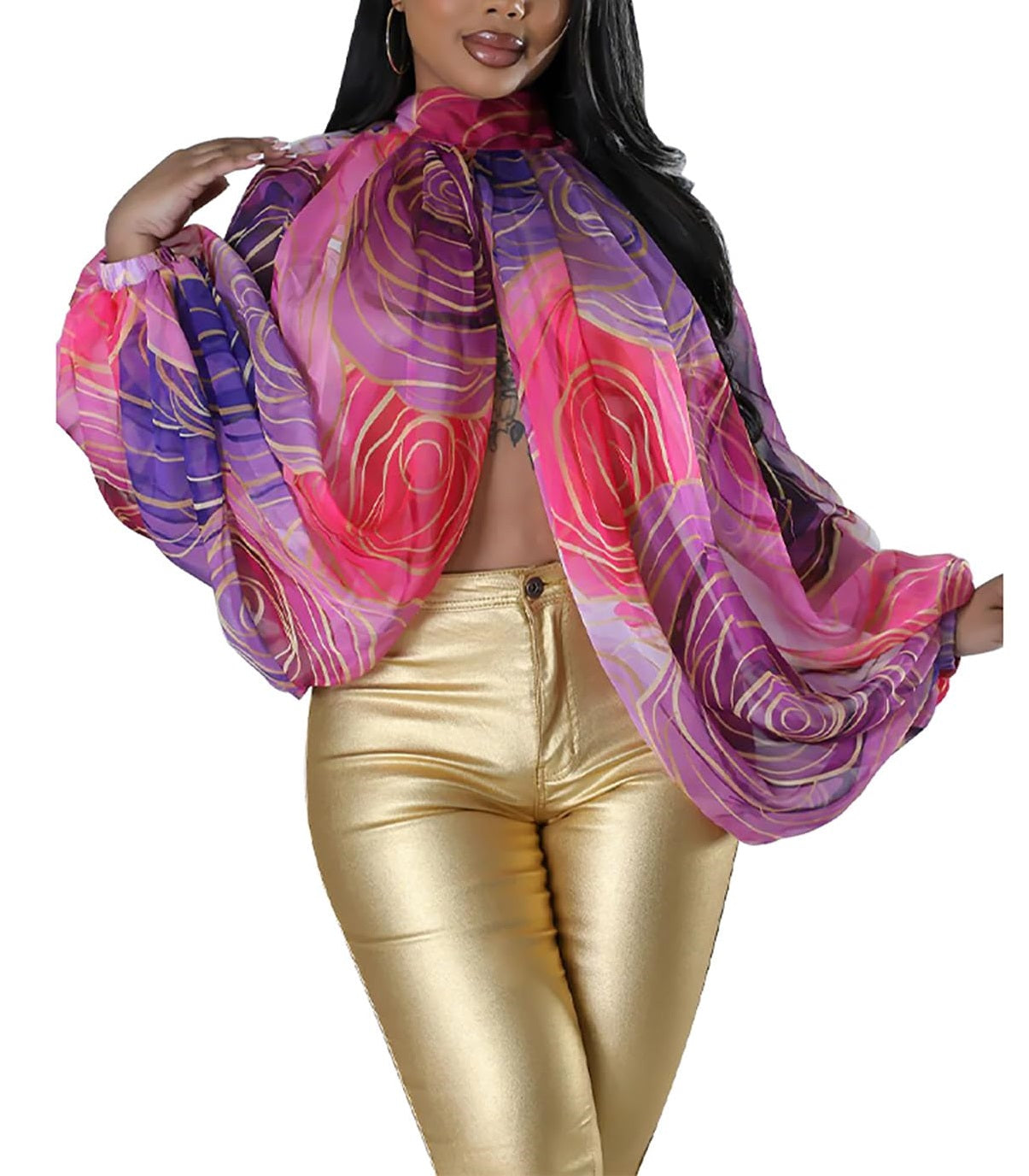 Blusa de gasa de manga larga con murciélago